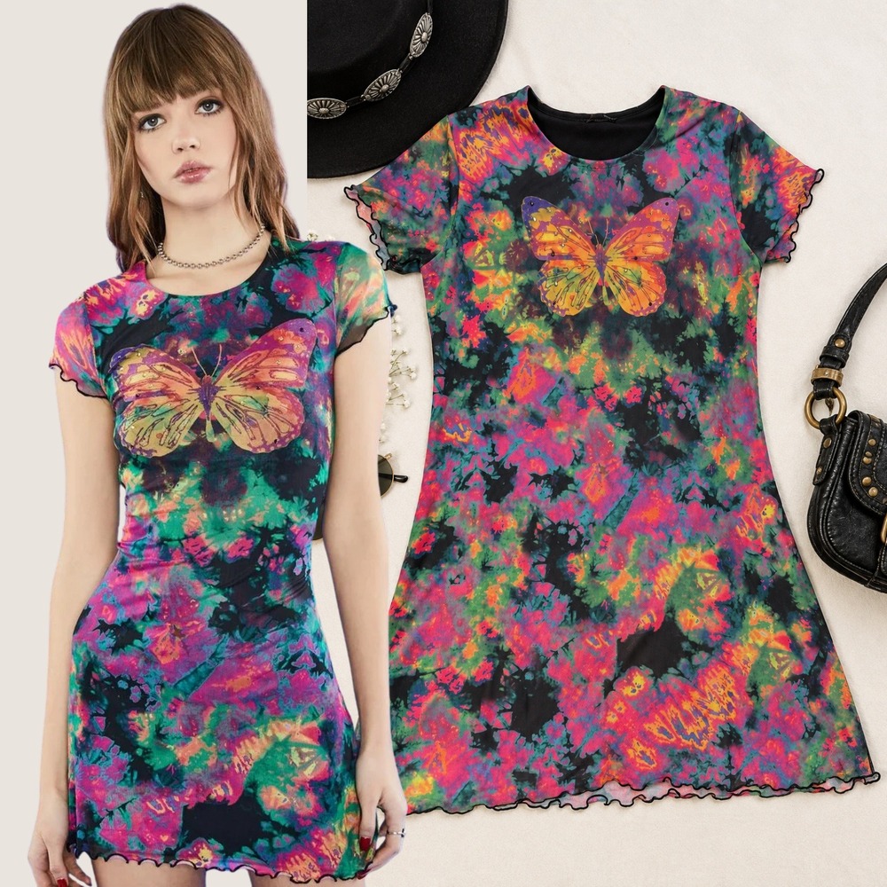 dELiA*s Butterfly Tie Dye Mesh Y2K Mini Dress Neon Studded Plus Size 3X Rainbow
